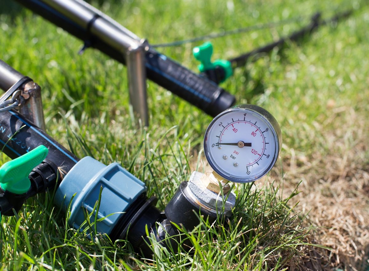 Close up of pressure equipment for irrigating grassland
